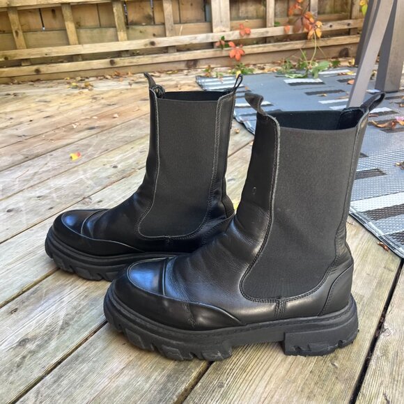 GANNI Mid-Calf Leather Boots Black Size 10 - Picture 4 of 7